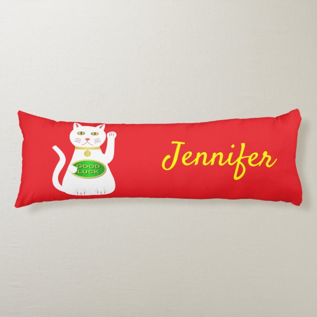 Oriental Lucky Cat Custom Name Body Cushion (Front)