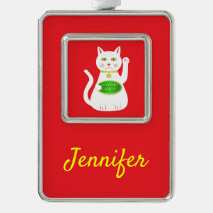 Oriental Lucky Cat Custom Name Silver Plated Framed Ornament