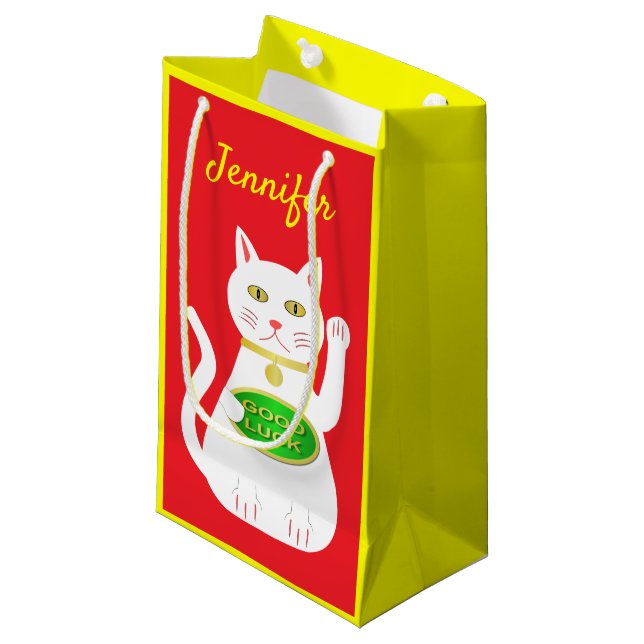 Oriental Lucky Cat Custom Name Small Gift Bag (Front Angled)