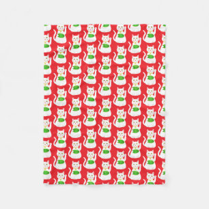 Oriental Lucky Cat Patterned Fleece Blanket