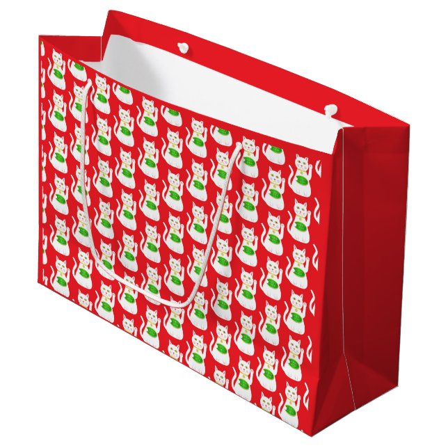 Oriental Lucky Cat Patterned Large Gift Bag (Front Angled)