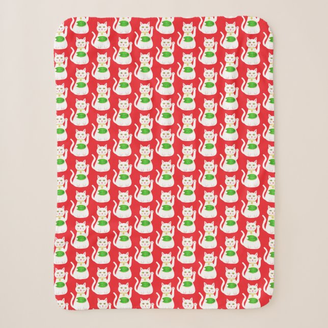 Oriental Lucky Cat Patterned Sherpa Blanket (Front)