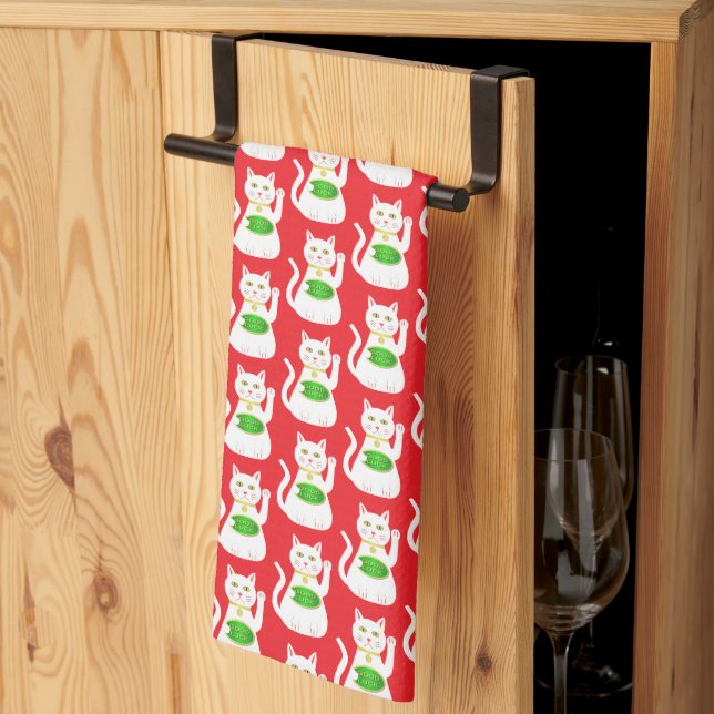 Oriental Lucky Cat Patterned Tea Towel (Thirds Fold)