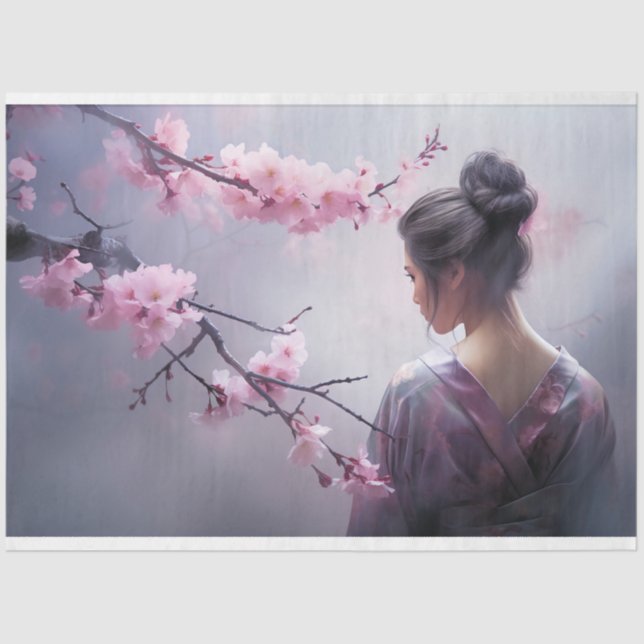 Oriental Misty Geisha and Cherry Blossoms Portrait Tissue Paper (Front)