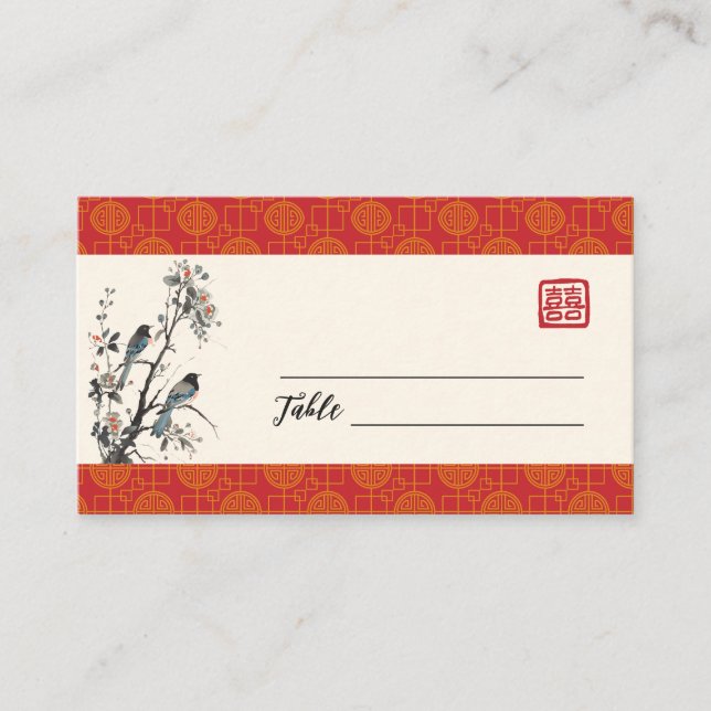 Oriental modern red flower bird Chinese wedding  Place Card (Front)