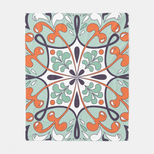 Oriental Moroccan Tile Floral Design Fleece Blanket (Front)