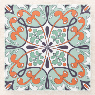 Oriental Moroccan Tile Floral Design Glass Coaster