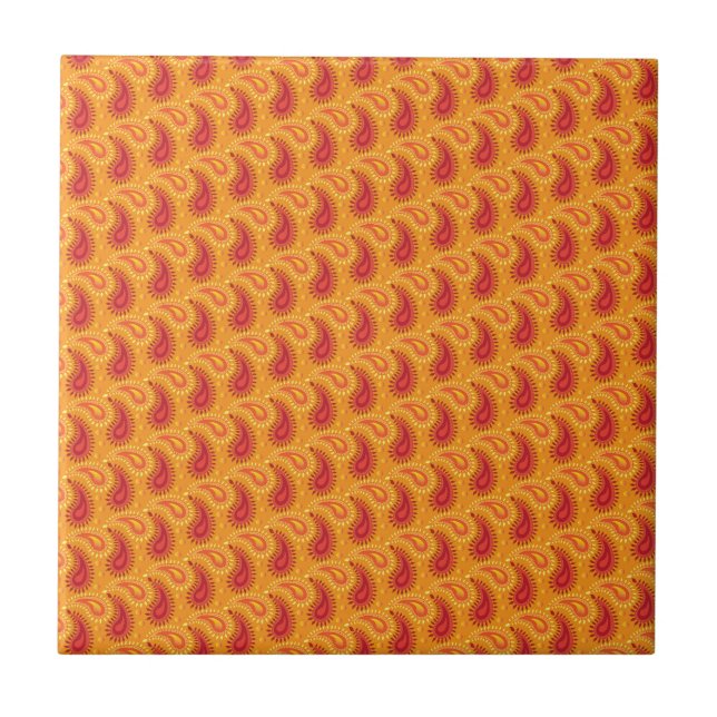 Oriental Orange Persian Paisley Pattern Tile (Front)