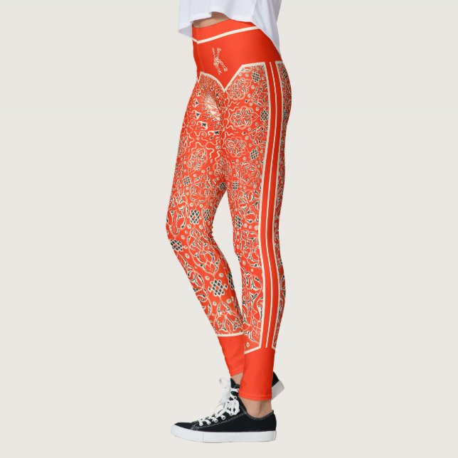 Oriental Orange Red Arabesques Monogram Customised Leggings (Left)