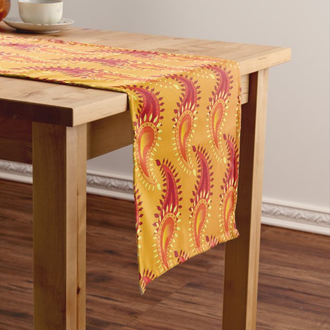 Oriental Orange Twin flame Persian Paisley Pattern Short Table Runner (In Situ)