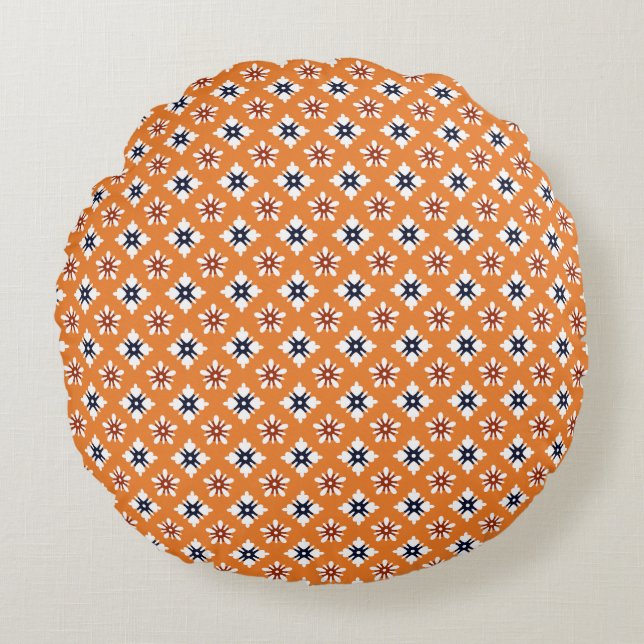 Oriental Orange White Red Katazome Flowers Pattern Round Cushion (Front)