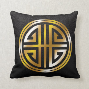 Oriental Ornamental Long Life Symbol black gold Cushion