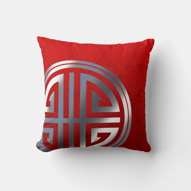 Oriental Ornamental Long Life Symbol | red silver Cushion (Front)