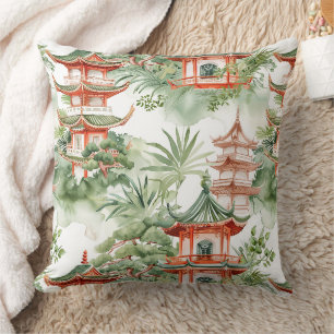 Oriental Pagoda Garden Sage Watercolor Cushion