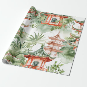 Oriental Pagoda Garden Sage Watercolor Wrapping Paper