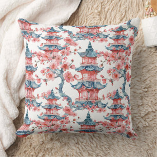 Oriental Pagoda Sakura Blossom Red Art Cushion