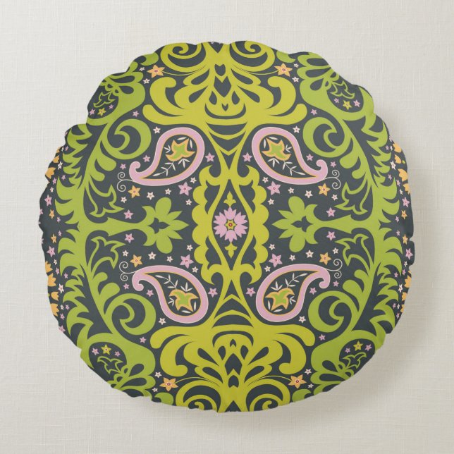 Oriental paisley ornament; decorative seamless flo round cushion (Front)