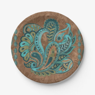 Oriental Paisley Pattern Watercolor and Gold Paper Plate