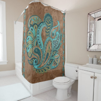 Oriental Paisley Pattern Watercolor and Gold Shower Curtain