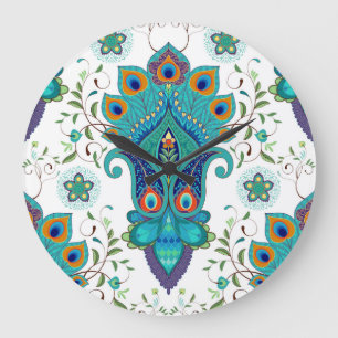 Oriental paisley, peacock feather pattern. large clock