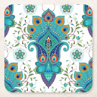 Oriental paisley, peacock feather pattern. square paper coaster