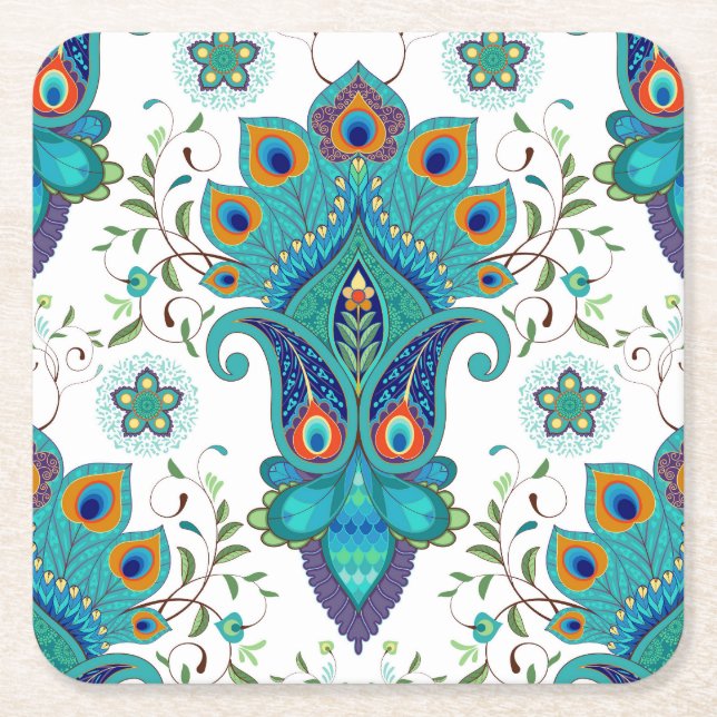 Oriental paisley, peacock feather pattern. square paper coaster (Front)