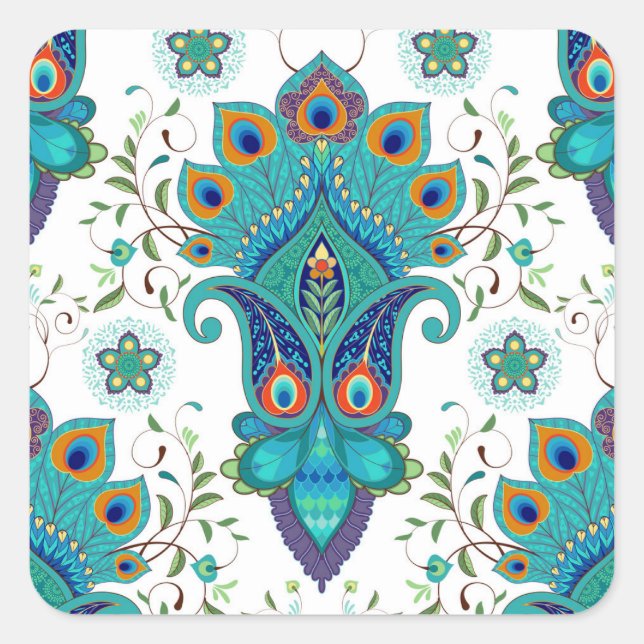 Oriental paisley, peacock feather pattern. square sticker (Front)