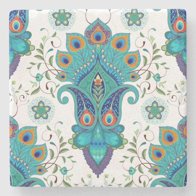 Oriental paisley, peacock feather pattern. stone coaster (Front)