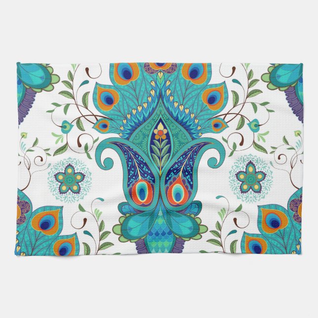 Oriental paisley, peacock feather pattern. tea towel (Horizontal)