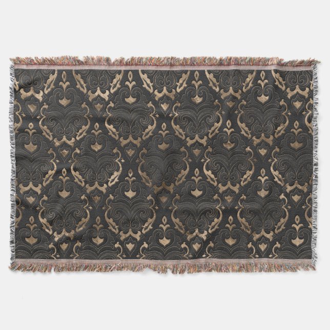 Oriental Pattern - Black Leather and gold Throw Blanket (Front)