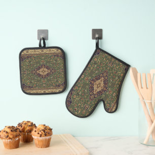 Oriental Persian Green Turkish Rug Oven Mitt & Pot Holder Set