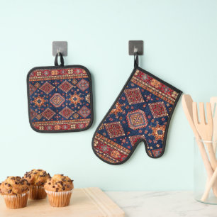 Oriental Persian Turkish Rug Pattern Oven Mitt & Pot Holder Set