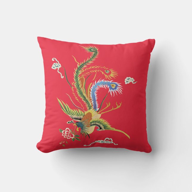 Oriental Pheasant on Bright Red Pillow (Front)