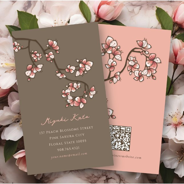 Oriental Pink Peach Blossoms Elegant Chic Sakura Business Card (Oriental Pink Peach Blossoms Elegant Chic Sakura Spring Flowers Business/Profile Card @ fat_fa_tin)