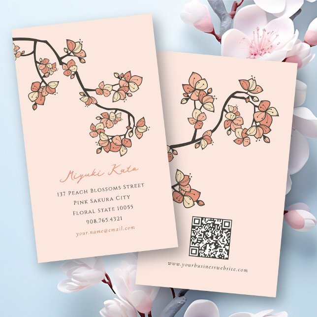 Oriental Pink Peach Blossoms Elegant Chic Sakura Business Card (Oriental Pink Plum/Peach Blossoms Elegant Chic Floral Sakura Business/Profile Card @ fat_fa_tin)