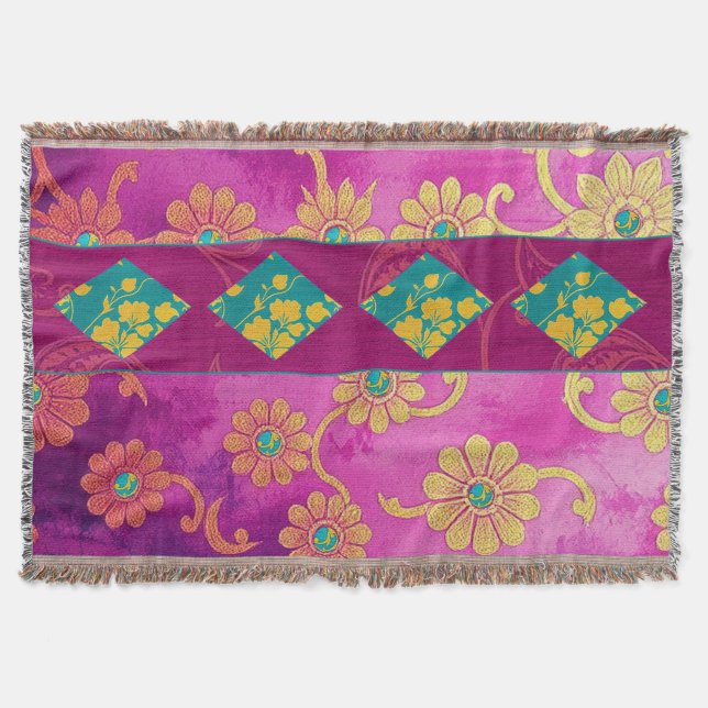 ORIENTAL Pink Turquoise Floral - Throw Blanket (Front)