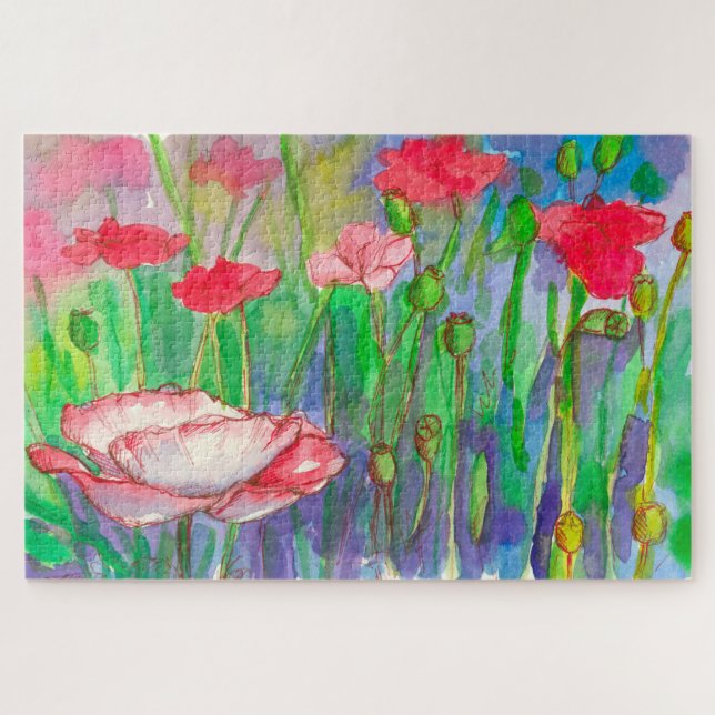Oriental Poppy Flower Garden Watercolor Painting Jigsaw Puzzle (Horizontal)