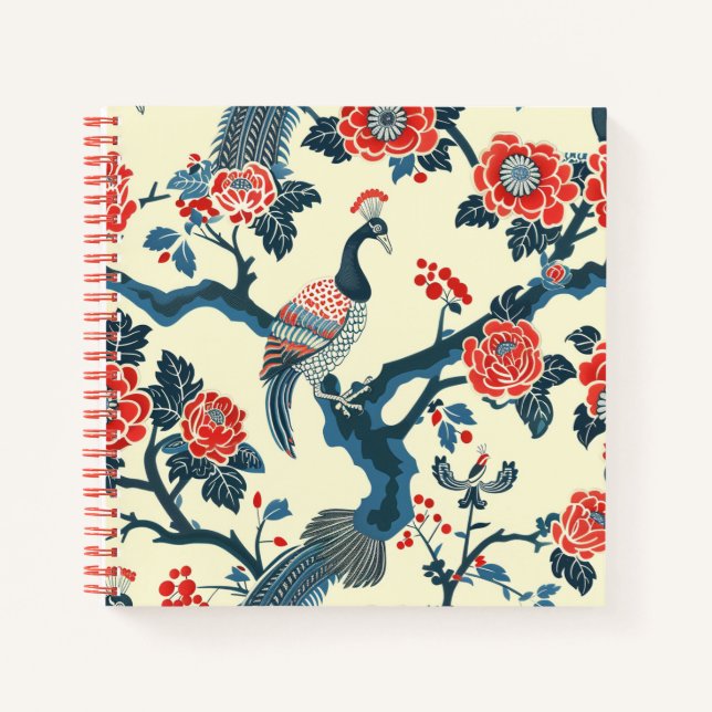 Oriental Red & Blue Floral Peacock Notebook (Front)