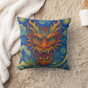 Oriental red dragon starry night Kanagawa waves Cushion