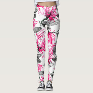 Oriental Red Flower: Watercolor Pattern. Leggings