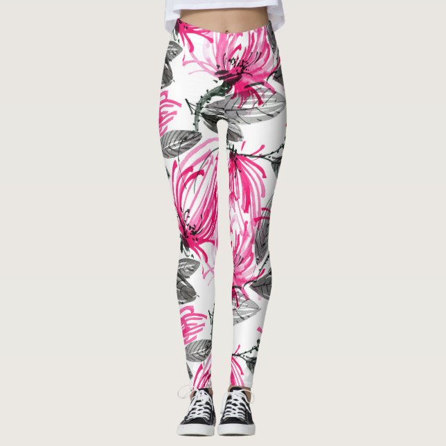 Oriental Red Flower: Watercolor Pattern. Leggings (Front)
