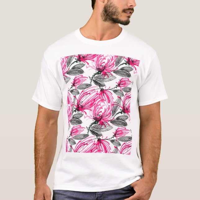Oriental Red Flower: Watercolor Pattern. T-Shirt (Front)
