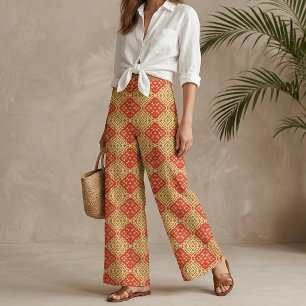 Oriental Red Gold Geometric Mosaic Tile Pattern Fabric