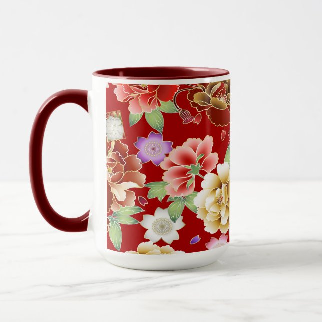 Oriental Red Gold Pink Modern Floral Mug (Left)