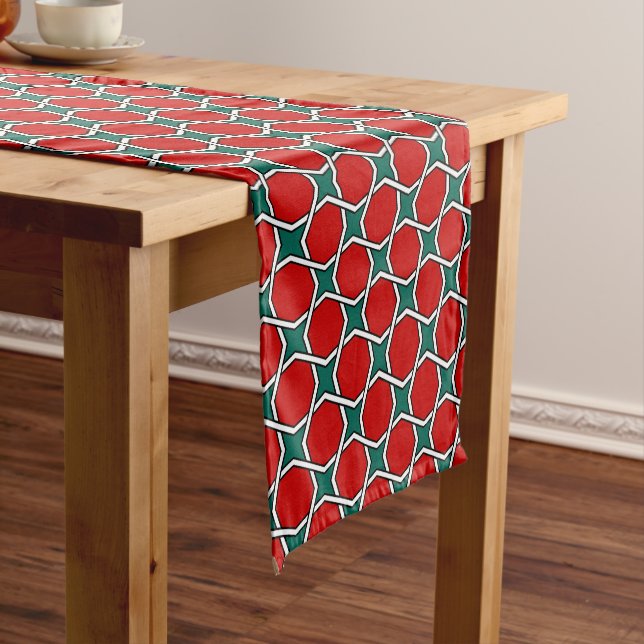 Oriental Red Green Arabic Egypt Geometric Pattern Short Table Runner (In Situ)