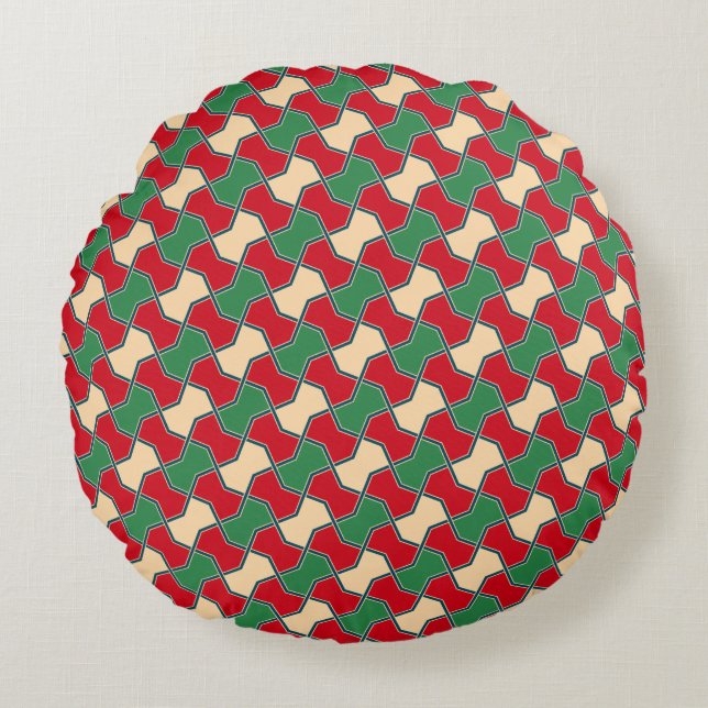 Oriental Red Green Bow Tie Geometric Pattern Round Cushion (Front)