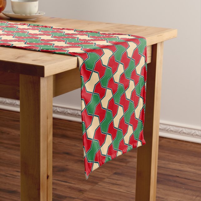 Oriental Red Green Bow Tie Geometric Pattern Short Table Runner (In Situ)
