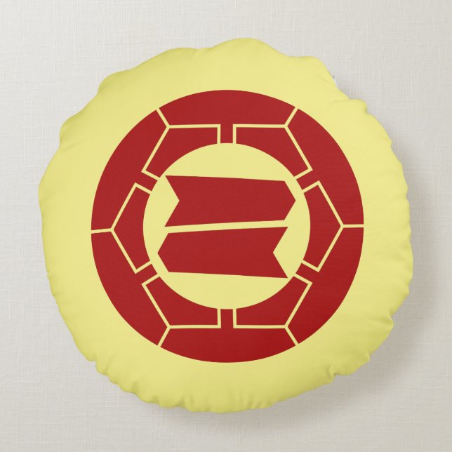 Oriental Red Light Yellow Japan Hattori Kamon Art Round Cushion (Back)