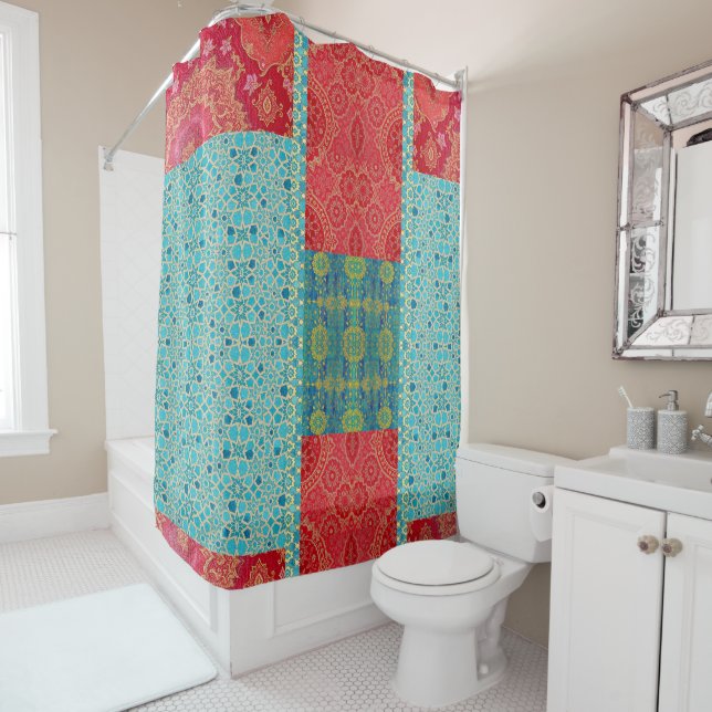 Oriental Red Turquoise Pattern - Shower Curtain (In Situ)