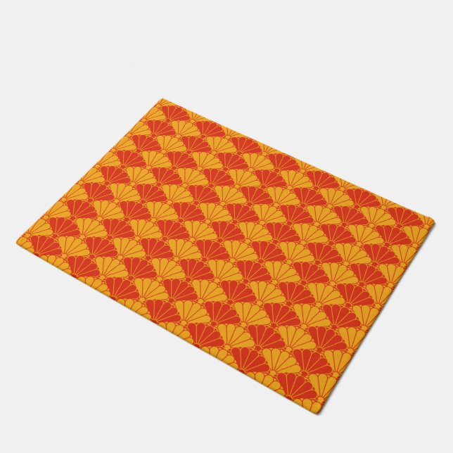 Oriental Red Yellow Kiku Chrysanthemum Mon Pattern Doormat (Angled)
